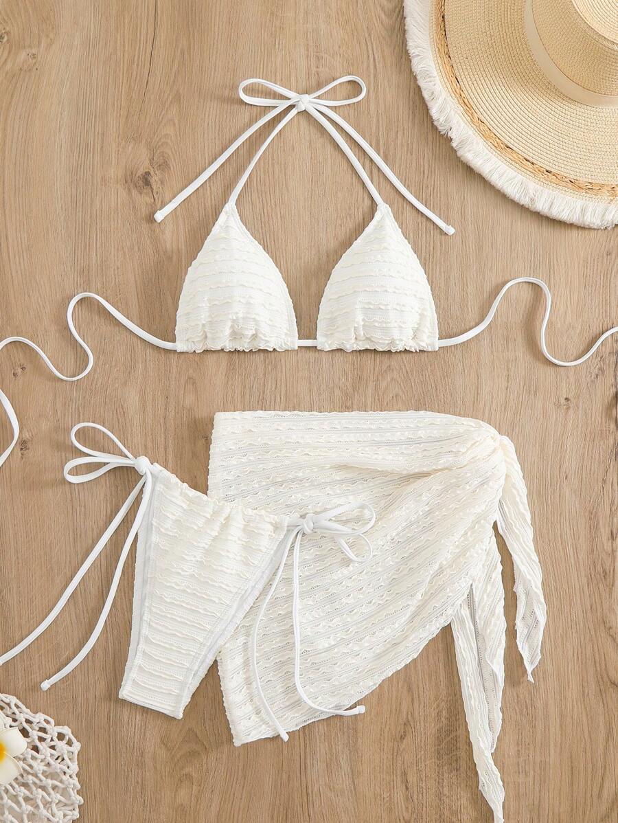 Swim Basics 女士纯色露背系带性感比基尼套装，带罩衫和迷你裙，夏季海滩风格