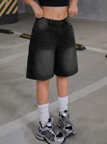 SHEIN 少女 Y2K 2000 年代复古水洗男友宽松休闲牛仔阔腿及膝牛仔裤短款，女孩秋季服装返校街头服饰 - 黑色 - 查看 6