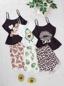 少女可爱图案印花吊带背心和短裤睡衣套装，夏季 - 彩色 - 查看 4