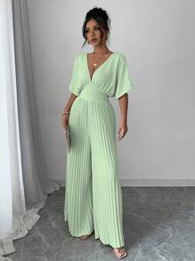 SHEIN PETITE 纯色深V领蝙蝠袖褶皱优雅女式连体裤 - 綠色 - 查看 6