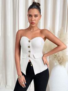 SHEIN Clasi Women's Gold Flower Button Decor Bandeau Top - White - View 3