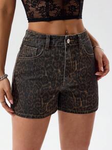 SHEIN PETITE Pantaloncini di jeans casual a gamba dritta con tasche, stampa leopardata, estivi - Multicolore - Visualizzare 4