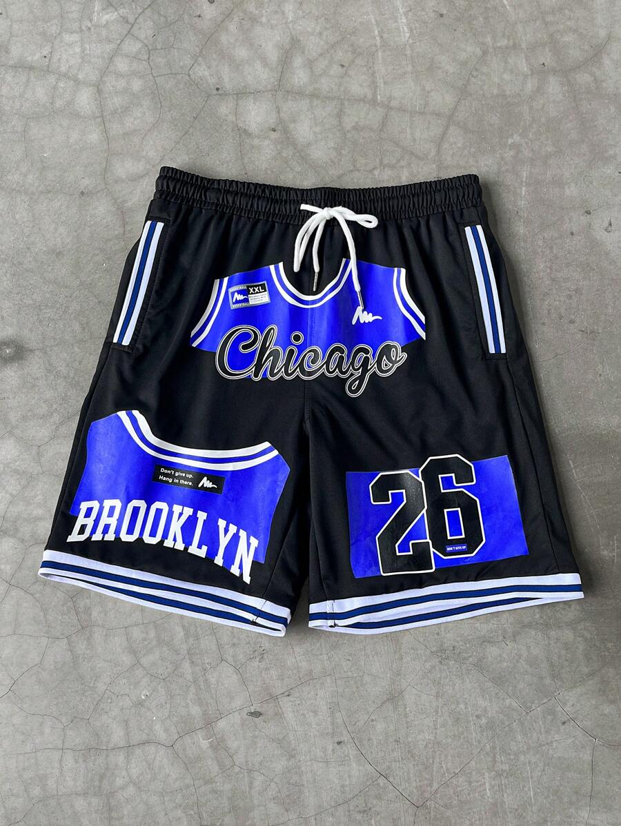 Aesthetic Post--Men's Casual Sports Letter Print Drawstring Waist Shorts, Summer ,Basketball Shorts, Chicago Shorts, Men S Basketball Short - Black - View 1