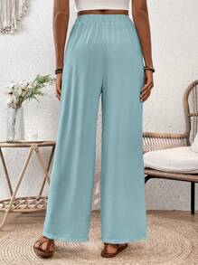 Chiquease Quần dài thường ngày co giãn, có dây rút, họa tiết nhăn, thoải mái, mùa xuân/hè - Màu xanh nhạt - Xem 2