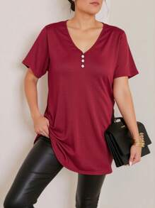 SHEIN LUNE Áo thun nữ công sở thanh lịch cổ chữ V màu trơn cỡ lớn, trang nhã, giản dị, mùa xuân/hè - Đỏ - Xem 4