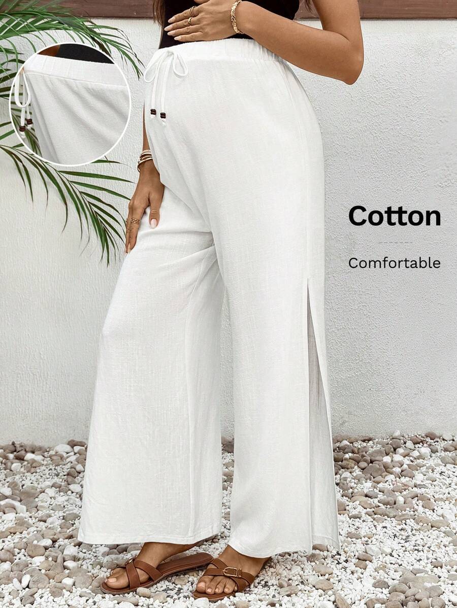 SHEIN Pregnant Women Plain Color Tie Waist Side Slit Wide Leg Casual Pants - White - View 1