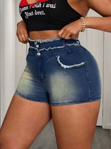 SHEIN SXY Plus Size Women Elastic Distressed Denim Shorts, Frayed Hem Skinny Style  Summer Outfits For Women Festival Outfits Vintage Wash DIRTY WASH Mini Shorts Cowgirl Outfits For Women