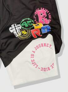 ROMWE MEN Men's Prep Letter Print Drawstring Waist Casual Double Layer Shorts - Black - View 4