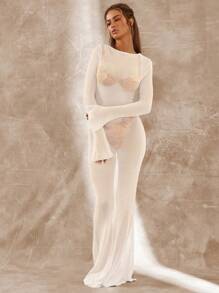 MUSERA 轻薄针织长袖连衣裙，优雅春假可爱性感90年代风情，适合海滩度假、音乐节、伊比沙岛、波西米亚风等各种场合，夏季、秋季、冬季、约会之夜、时尚春季、新娘、单身派对、告别单身派对、婚礼等场合。 - 白色 - 查看 4