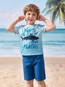 Shark Week X SHEIN 小男孩鲨鱼与字母图案休闲圆领短袖T恤 - 彩色 - 查看 4