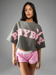 Missguided x Playboy 超大短款 T 恤都市街头运动休闲家居服复古标志短袖棉混纺休闲夏季春季时尚个性上衣 - 深灰色 - 查看 3