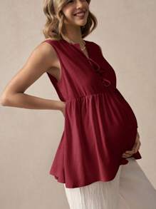 Boho Mama Maternity Casual Solid Color Front Tie Sleeveless Shirt, Summer - Burgundy - View 6