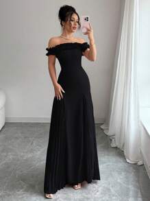 Selianne Đầm nữ thanh lịch, lãng mạn, trễ vai, xếp ly eo, vạt chữ A, chất liệu chiffon, phối ren. - màu đen - Xem 6