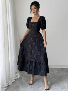 Selianne Váy đi nghỉ chữ A tay loe họa tiết hoa cúc vải jacquard trơn màu cho nữ - màu đen - Xem 5