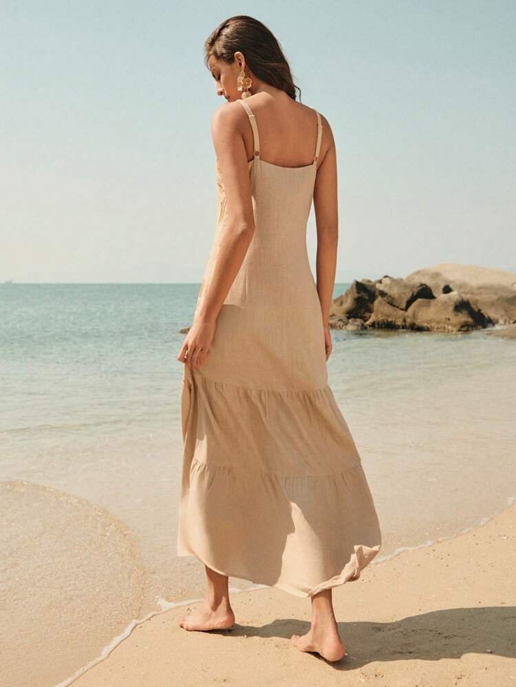 Summer, Elegant Women's Retro-Style Vacation Floral Embroidery Linen Dress
