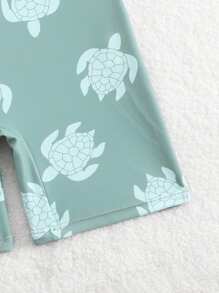 Young Boy Cartoon Turtle Print One-Piece Swimsuit, Summer Beach Vacation, Swimming Pool, Boys' Swimwear - Dark Green - View 6
