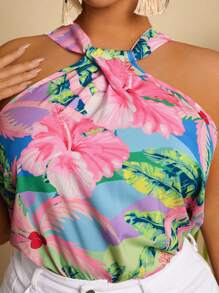 Travachic 大码女式热带棕榈树和花卉印花挂脖海滩度假夏季背心