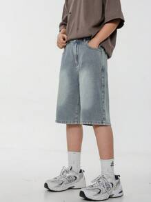 SHEIN Explorewe Pantaloncini di jeans per ragazzi adolescenti, moda di strada casual e comoda, stile urbano cool hipster, estate vintage vintage, pantaloncini di jeans con vita elastica allentati