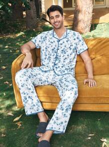 Manfinity 墨色花卉印花领开衫和休闲裤男士睡衣套装 - 藍色 - 查看 2