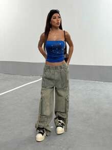 SHEIN X Lucía Bellido StreetHx 街头服饰女式水钻装饰摇滚短款吊带背心 - 藍色 - 查看 3