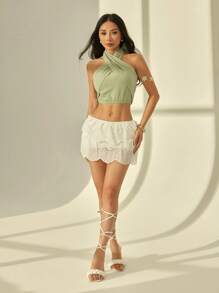 SHEIN PETITE Women's Casual Solid Color Criss-Cross Halter Top - Green - View 4