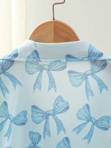 Tween Girls Butterfly Print Front Button Short Sleeve Shorts Pajama Set, Elegant Fashion Home Wear - Baby Blue - View 8