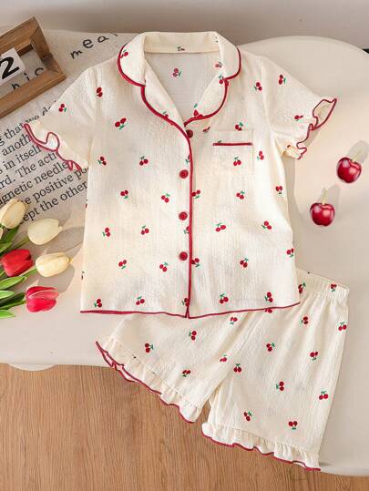 Genkimix Kids Tween Girls Pajamas Set, Cherry Print Ruffle Elegant Short Sleeve & Shorts 2 Pieces Loungewear Set