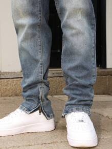 Manfinity Homme Men's Casual Washed Tapered Leg Jeans Urban Street Hang Out - Medium Wash - View 5