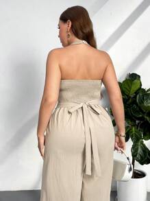 Firerie 大码女式露背卡其色法式度假宽松连体裤，适合度假旅行、休闲职场装 - 卡其色 - 查看 2
