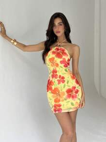 Aloruh Women's Beach Floral Print Ring Decor Halter Backless Mini Dress - Multicolor - View 6