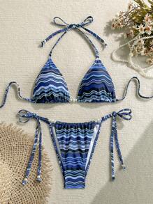 Soleia Women's Halter Swimsuit Set, Triangle Bikini Bottoms, Fashionable For Summer - Blue - View 1