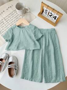 SHEIN LMoss Kids LMoss 女婴休闲简约纯色宽松短袖上衣松紧腰长裤套装，适合夏季 - 綠色 - 查看 3