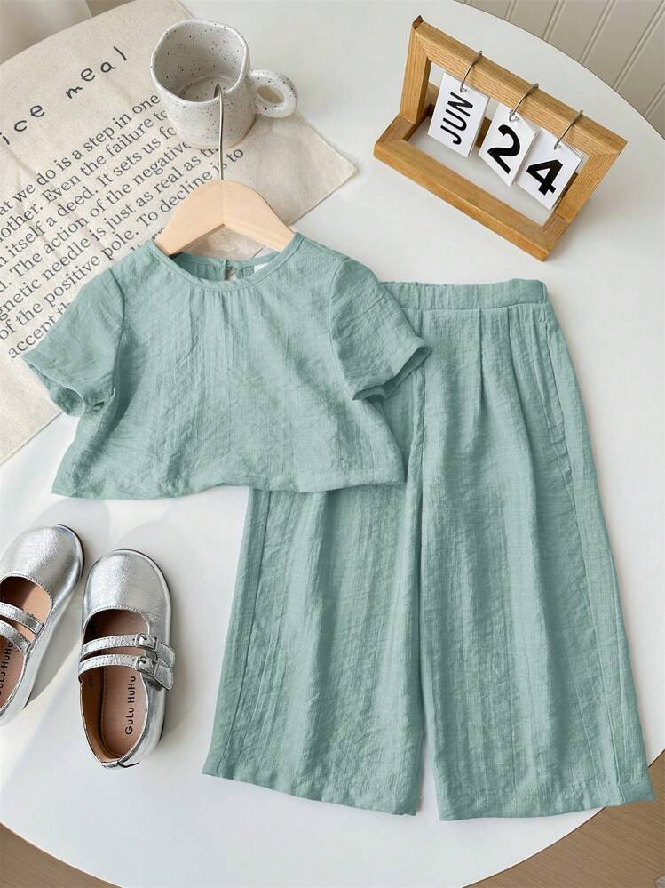 SHEIN LMoss Kids LMoss 女婴休闲简约纯色宽松短袖上衣松紧腰长裤套装，适合夏季 - 綠色 - 查看 3