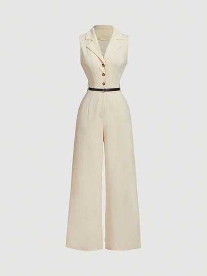 SHEIN MOD 复古杏色连体裤，配西装领和腰带，优雅连体裤，外出连体裤，西部连体裤，度假装