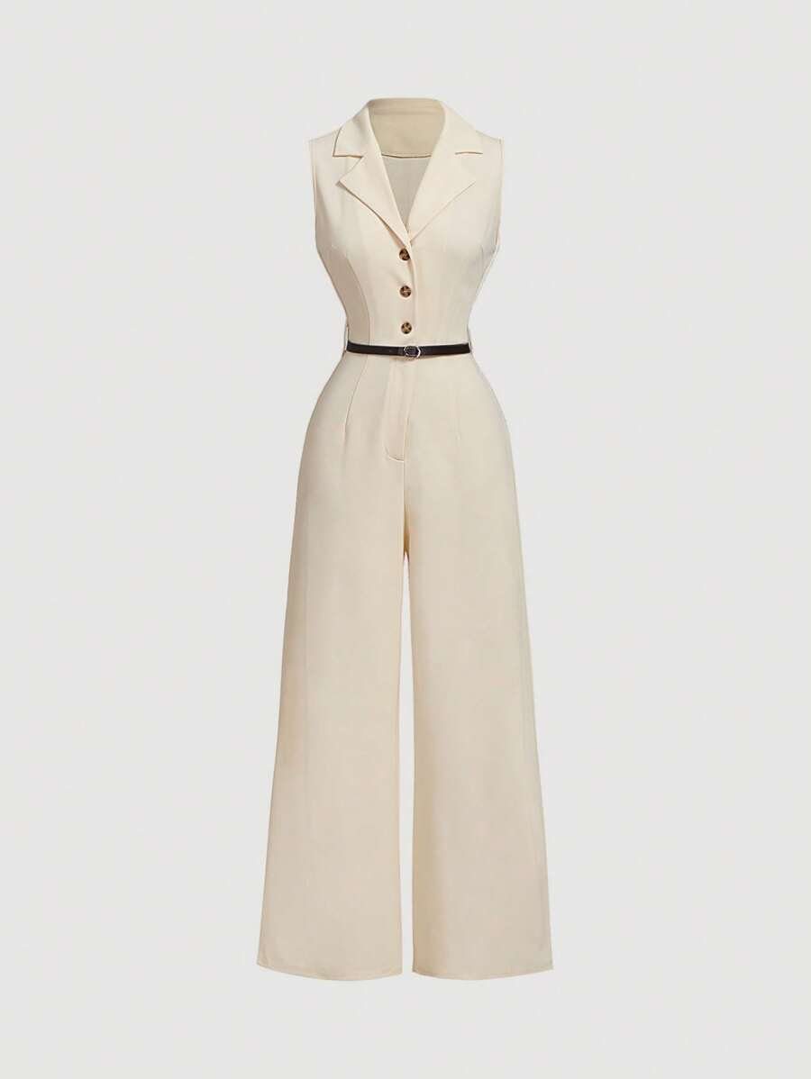 SHEIN MOD 复古杏色连体裤，配西装领和腰带，优雅连体裤，外出连体裤，西部连体裤，度假装 - 杏色 - 查看 1