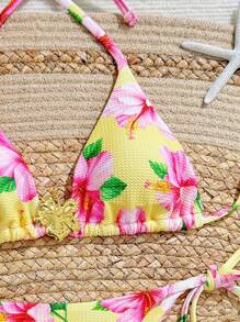 Swim Mod Women's 2pcs Summer Beach Holiday Bubble Fabric Floral Print Random Halter Top & Metal Decor Tie-Up Bikini Set - Multicolor - View 3