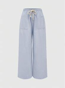 ROMWE 女式休闲竖条纹松紧腰抽绳阔腿裤 - 淺藍色 - 查看 5