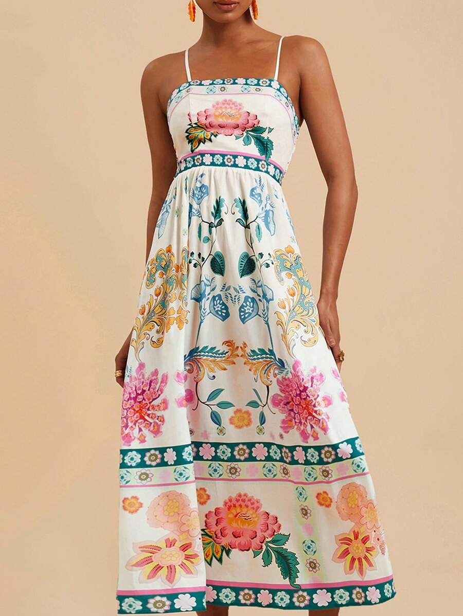 Travachic Bedrucktes Midikleid aus gewebtem Stoff für Frauen - Weiss - Übersicht 1