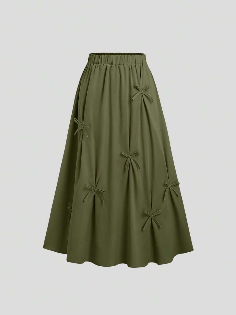 Sweetra 法式优雅甜美粉色蝴蝶结装饰伞裙，适合春夏秋冬女士 - 軍綠色 - 查看 1