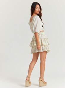 WESTFADE Spring Summer Vacation Floral Printed Eyelet Tiered Ruffle Mini Skirt Western Wear Women - Green - View 4