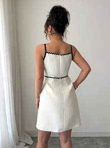 Selianne Váy ngắn họa tiết vải chất lượng cao màu mơ mùa hè cho nữ, sóng đen, ruy băng, màu tương phản, thiết kế trang trí - Màu be - Xem 2