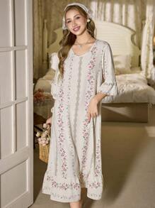 CottageSlumber Camisón largo de mujer con estampado floral romántico de cuello en V con volantes en el dobladillo, perfecto para el verano y las vacaciones