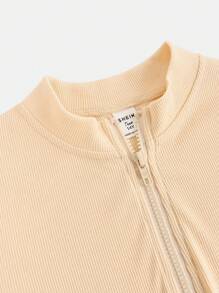 SHEIN Teen Girl Y2K Style Zipper Plain Apricot Thumb Hole Ribbed Slim Fit Stand Collar Jacket - Apricot - View 2