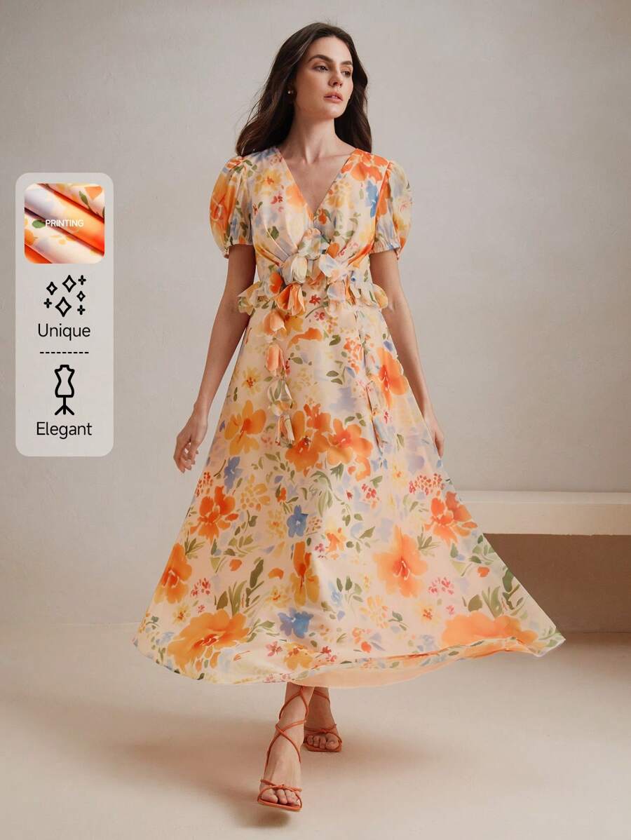 Anewsta Váy họa tiết hoa mùa hè cho nữ, tay ngắn, xếp nếp eo xếp tầng, trang phục nghỉ dưỡng sang trọng thanh lịch - trái cam - Xem 1