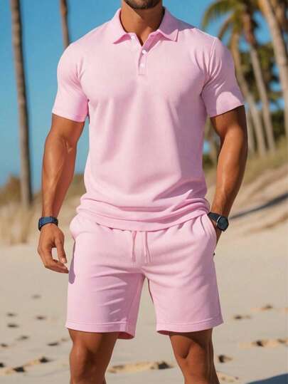 Manfinity Dauomo Men Summer Solid Color Casual Polo Shirt And Drawstring Waist Shorts Set