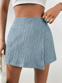 Chiquease Women High-Waisted Asymmetric Hem Solid Color Fashion Skort - Dusty Blue - View 4