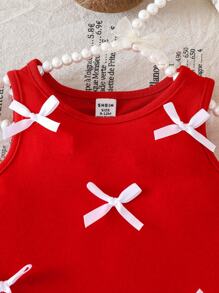 Glamorique Kids Vestido de punto sin mangas para bebé niña con decoración de moño y volantes, estilo coreano, color rosa - Rojo - Ver 3