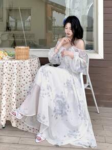 DAZY Vestido de manga larga con estampado floral elegante para mujer, primavera/verano