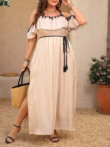 SHEIN Clasi Plus Size Women Vacation Tassel Hem Ruffle Round Neck Off Shoulder Dress - Apricot - View 5