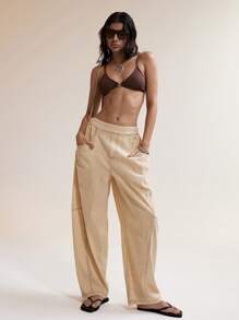 Easelle Quần dài nữ dài tay màu xanh lá cây, dáng suông, dáng cong, thoải mái, giặt axit - xanh quân đội - Xem 1